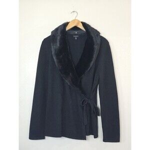 Talbots Wrap Wool Cashmere Cardigan Removable Faux Fur Collar Size Large Black